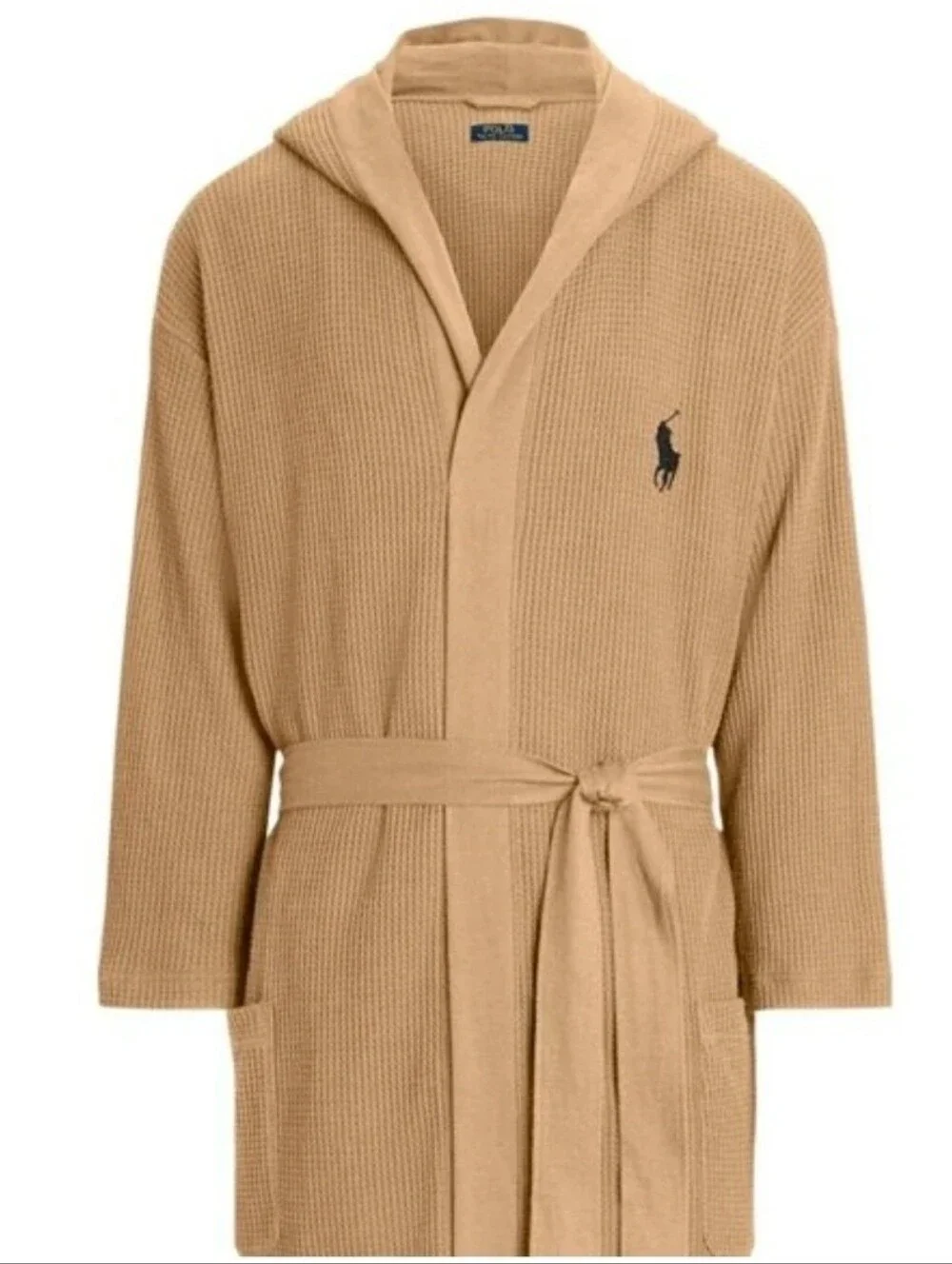 Polo by Ralph Lauren Men's Hooded Thermal Robe - Beige with Black Logo